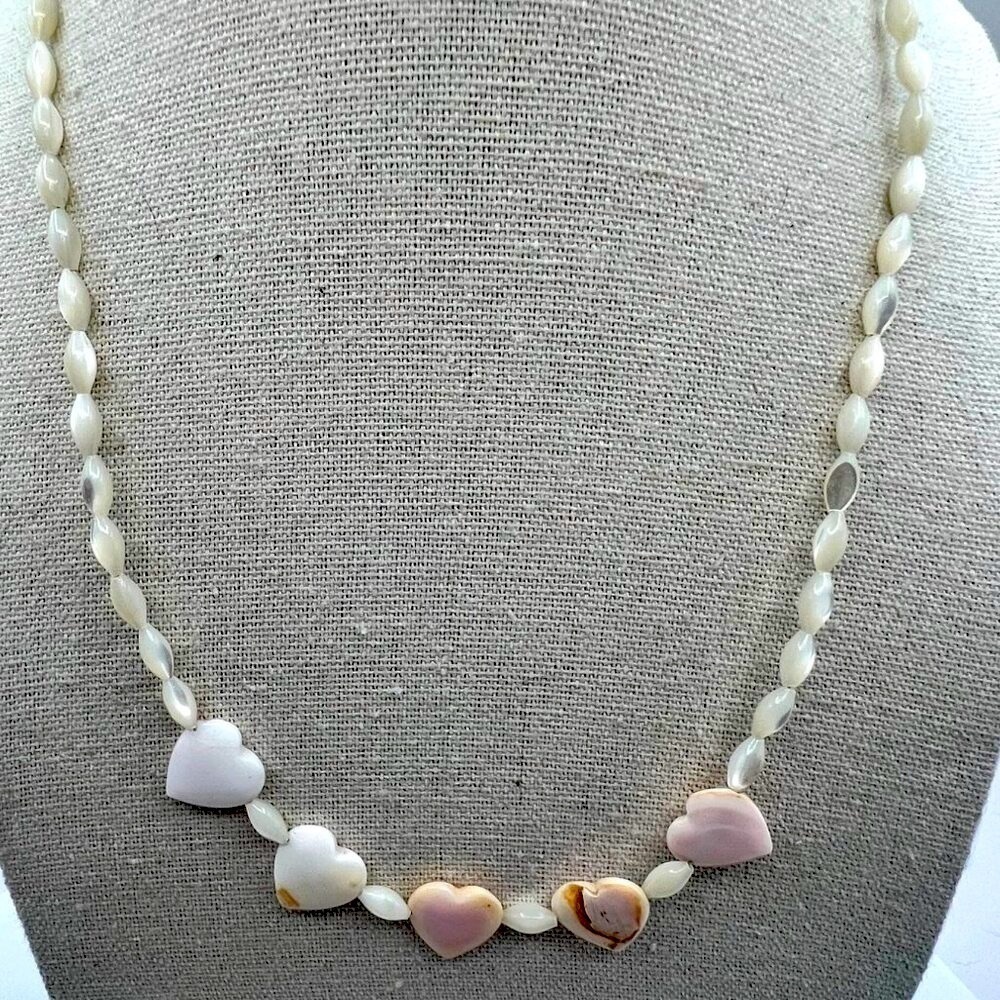 Vintage Heart-Shaped Shell Necklace With Mother Of Pearl Beads - Picture 4 of 12